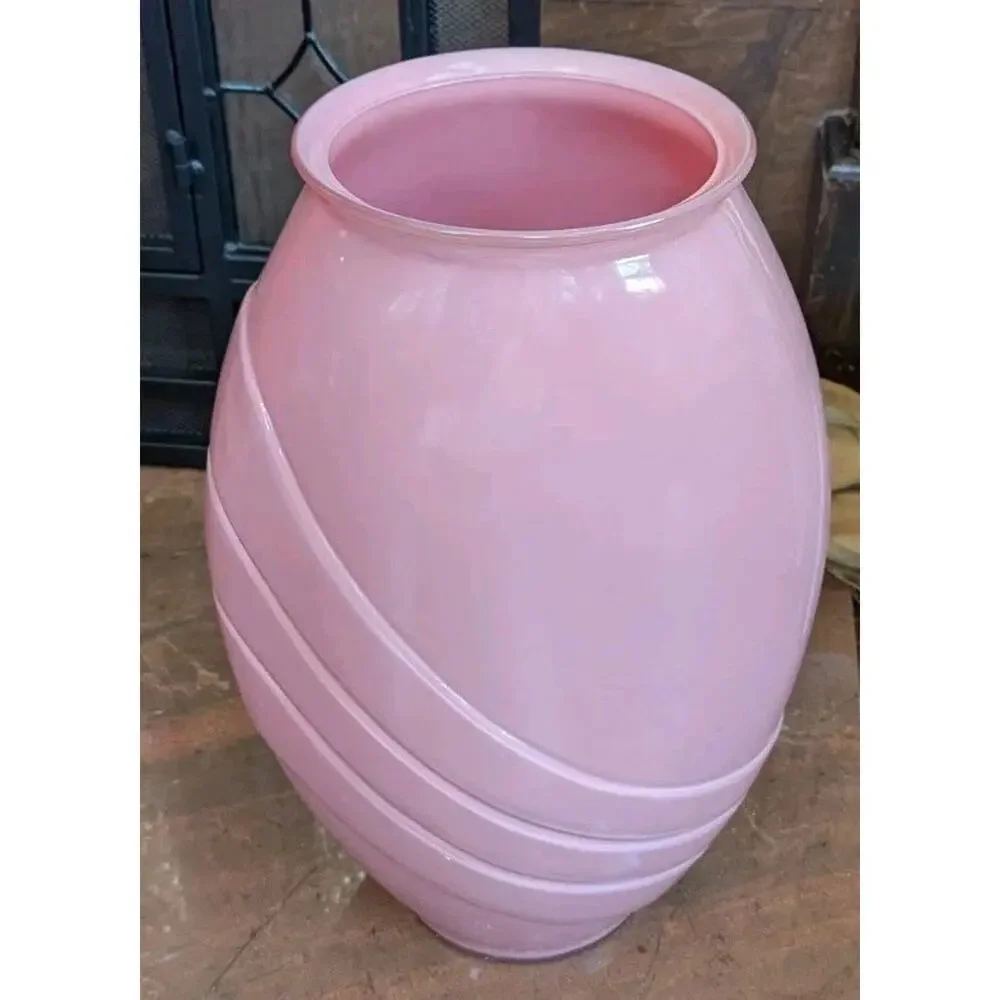 VTG Pink Mauve Art Glass Floor Vase Swirl Ribbed Deco MCM 18”